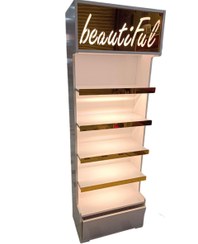 تصویر استند لوازم آرایشی ۵ طبقه کمد دار با نورپردازی 