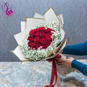 تصویر دسته گل رز قرمز 20 شاخه مدل ضرغام 