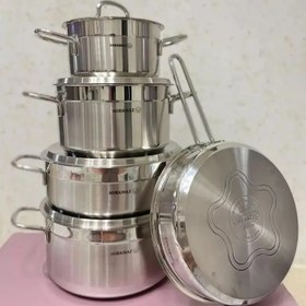 تصویر ‬‏‪سرویس قابلمه 9 پارچه استیل کرکماز درب استیل مدل آلفا Pot service, 9 cloths, steel Kirkmaz, steel door, Alpha model