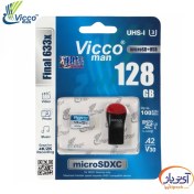 تصویر کارت حافظه ویکومن microSD 633X U3 A2 V30 ظرفیت 128 گیگابایت سرعت 100m/s با رم ریدر 