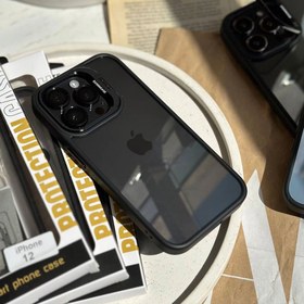 تصویر قاب شفاف مدل Black Eason Case دارای محافظ لنز جداگانه و قابلیت تبدیل دریچه لنز به استند، مناسب برای گوشی اپل iPhone 11 / 12 / 12 Pro / 12 Pro Max / 13 / 13 Pro / 13 Pro Max / 14 / 14 Pro / 14 Pro Max 