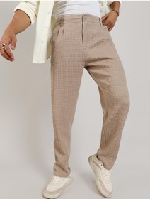 تصویر شلوار مردانه کرم با طرح چهارخانه بافت‌دار برند campus sutra Men's Beige Textured Graph Check Trousers