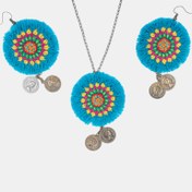 تصویر نیم ست گوشواره و گردنبند پته‌دوزی آبی طرح بته‌جقه 