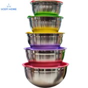 تصویر کاسه استیل یونیک ۵ تایی با درب رنگی 