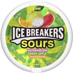 تصویر خوشبو کننده دهان بدون قند ترش آیس بریکرز با طعم هندوانه و سیب و پرتقال ice breakers ا ice breakers ice breakers