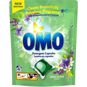 تصویر قرص ماشین لباسشویی اومو رایحه گل ارکیده سفید و نعنا بسته (42 تایی) Omo washing machine tablets with white orchid flower and mint scent (42 pieces)