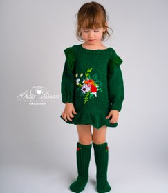 تصویر بلوز بافتنی دخترانه سبز سلطنتی Royal green knitted blouse for girls