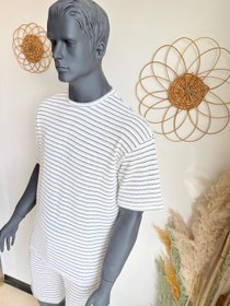 تصویر تیشرت و شلوارک مردانه ترک - راه راه کرم و سرمه ای / 