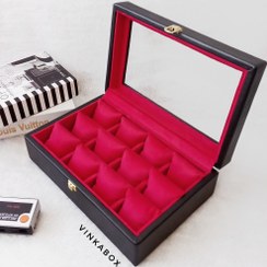 تصویر جعبه ساعت ۱۲ خانه با روکش چرم - رنگ داخل،سبز تیره 