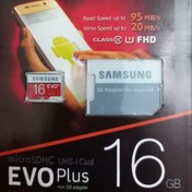 تصویر کارت حافظه microSDHC سامسونگ مدل Evo Plus کلاس 10 استاندارد UHS-I U1 سرعت 95MBps ظرفیت 16 گیگابایت به همراه آداپتور SD 