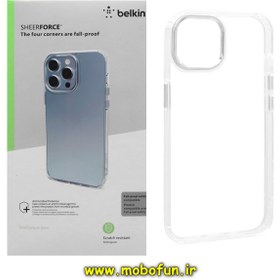 تصویر قاب گوشی iPhone 13 - iPhone 14 آیفون اورجینال بلکین belkin طرح طلقی شیشه ای شفاف کرومی کد 805 