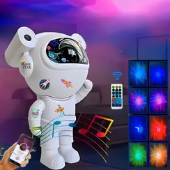 تصویر چراغ خواب کهکشانی طرح فضانورد لیزردار مدل بلوتوثی اسپیکر دار Galaxy night light with laser, astronaut design, Bluetooth model with speaker