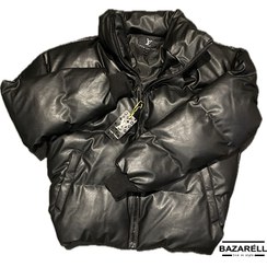 تصویر کاپشن چرمی پف‌دار مردانه مشکی ضدآب | مدل لوکس LV-Inspired – Winter Black Leather Puffer Jacket (Men’s | LV-Inspired | Waterproof) 