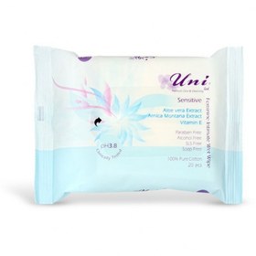 تصویر دستمال مرطوب ومعطر پاک کننده بانوان پوست حساس یونی لد بسته 20 عددی uni led feminine intimate wet wipe sensitive skin