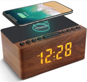 تصویر ساعت رومیزی و رادیو دیجیتالی و شارژر وایرلس آلمانی ANJANK AC190 ANJANK Bedside Wooden FM Radio Alarm Clock,10W Super Fast Wireless Charger Station for Iphone/Samsung Galaxy,USB Charging Port, 5 Level Digital Dimmable Led Display,Mains Powered with Backup Battery