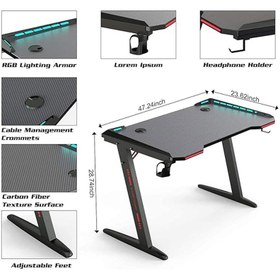 تصویر 1.2M Gaming Desk with Remote Control RGB Lights PC Computer Desk Z Shaped Gamer Home Office Computer Desk Table with Handle Rack Cup Holder & Headphone Hook Free Mouse Pad 