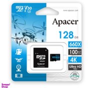 تصویر کارت حافظه microSDXC اپیسر (Apacer) مدل V30 کلاس 10 استاندارد UHS-I U3 سرعت 100MBps ظرفیت 128 گیگابایت به همراه آداپتور SD 