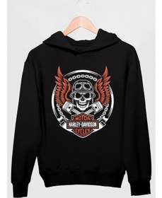 تصویر سوئیشرت مردانه کلاهدار ضخیم با طرح جمجمه بایکری مشکی برند rock&roll Biker Skull Black Hooded Thick Men's Sweatshirt