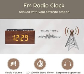 تصویر ساعت رومیزی و رادیو دیجیتالی و شارژر وایرلس آلمانی ANJANK AC190 ANJANK Bedside Wooden FM Radio Alarm Clock,10W Super Fast Wireless Charger Station for Iphone/Samsung Galaxy,USB Charging Port, 5 Level Digital Dimmable Led Display,Mains Powered with Backup Battery