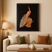 تصویر تابلو طاووس مسی دست‌ساز با گل‌های برنجی و پتینه فیروزه‌ای (اثر اکسیداسیون مس) | سایز ۶۰×۴۰ 