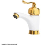 تصویر شیر روشویی طوفان فلز مدل قاصدک رنگ سفید طلایی 