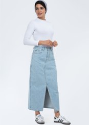 تصویر دامن جین آبی روشن بلند 70025 Long light blue denim skirt