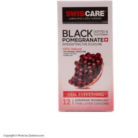 تصویر کاندوم سوئیس کر مدل Black Pomegranate بسته 12 عددی ا Swiss Care model Pomegranate Black Condom -package 12 pieces Swiss Care model Pomegranate Black Condom -package 12 pieces