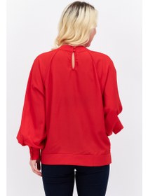 تصویر بلوز زنانه آستین بلند یقه بلند، قرمز برند french connection Women High Neck Long Sleeves Solid Blouse, Red