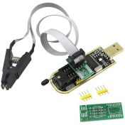 تصویر پروگرامر تراشه های FLASH و EEPROM مدل CH341 با تجهیزات و کلیپر 