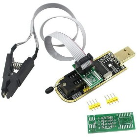 تصویر پروگرامر تراشه های FLASH و EEPROM مدل CH341 با تجهیزات و کلیپر 