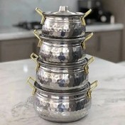 تصویر سرویس قابلمه عروس ۸ پارچه روحی چکشی با دسته طلایی 