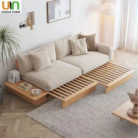 تصویر مبل تخت خواب شو دو نفره چوبی سولارا با جعبه ذخیره‌سازی و دسته مکانیزمی 