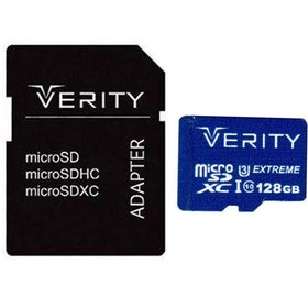 تصویر میکرو مموری ۱۲۸ گیگ وریتی Verity 533X U3 C10 80MB/s + خشاب Verity Micro SD 128GB Class 10 U3 80MB/s 533x Memory Card