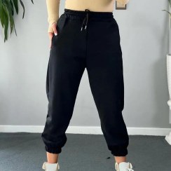 تصویر شلوار اسلش مردانه‌زنانه دورس ضخیم مشکی – BAZARELL Premium Fleece Jogger Pants (Black) 