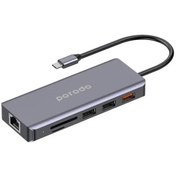 تصویر هاب 9 پورت پرودو Porodo 9in1 4K HDMI Ethernet USB-C Hub PD توان 100 وات 9in1 USB-C Hub Type-C PD 100W HDMI Ethernet USB SD Card 3.5mm Aux - Grey