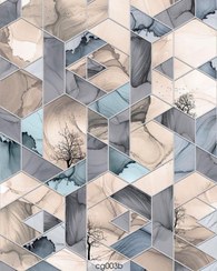 تصویر پوستر دیواری هندسی شش‌ضلعی آبی-کرم-خاکستری با درخت و جوهر الکلی| پرفروش‌ترین پوستر دیواری مدرن لوکس وال‌یو ۱۴۰۴ 
