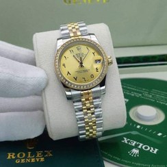 تصویر ساعت زنانه رولکس سایز مدیوم نگین مخراج شده عدد عربی زرد Rolex 