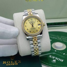 تصویر ساعت زنانه رولکس سایز مدیوم نگین مخراج شده عدد عربی زرد Rolex 