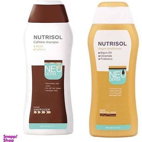 تصویر شامپو ضد ریزش مو مدل Nutrisol Caffeine حجم 300ml به همراه نرم کننده مو مدل Nutrisol Argan نئودرم Neuderm بسته 2 عددی 