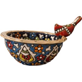 تصویر پیاله میناکاری شده طرح پرنده قرمز 