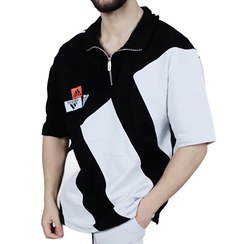 تصویر تیشرت نیم زیپ مردانه مشکی سفید طرح راه راه Men's black and white half-zip t-shirt with striped design