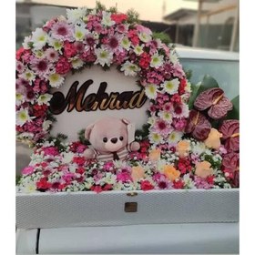 تصویر باکس گل ولنتاین با گل‌های رز آبی و گل‌های یاس 5417 