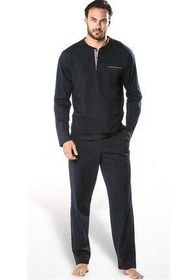 تصویر ست پیژامه آبی مردانه لباس راحتی آستین بلند یقه دکمه دار نوک مدادی پیر کاردین برند فرانسه Pierre Cardin 