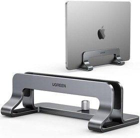 تصویر UGREEN Aluminum Vertical Laptop Stand, Double Desktop Stand Holder with Adjustable Dock Space-Saving Anti Slide Silicone Grips for All Tablet/iPad MacBook/Surface/Samsung/HP/Dell/Chrome Book Silver 