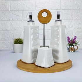 تصویر سرویس جای آبلیمو و روغن و نمک پاش 4 عددی پایه بامبو VOGATI OIL AND VINEGAR SET CERAMIC