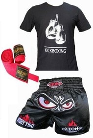 تصویر تجهیزات بوکس مشکی Kickboxing ، Boxing Thai T Shirt Shorts Set 3.5 متر مجموعه باند By Leon 1982 