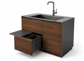 تصویر کابینت پرتابل سینک پی وی سی ضد آب با سینک تک لگن استیل - چوب / سطل زباله Waterproof PVC portable sink cabinet with single stainless steel sink