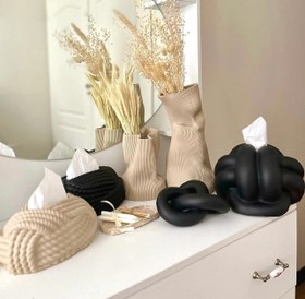 تصویر گلدان رومیزی دکوراتیو دفرمه و دو مدل جادستمال کاغذی رومیزی مدل گره و طناب و گره دکوری کد10105 قیمت هر مدل مجزاست 