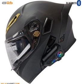 تصویر کلاه کاسکت بلوتوث دار مشکی مات QIKE با فک متحرک QIKE matte black Bluetooth helmet with movable jaw