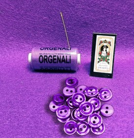 تصویر مجموعه دکمه سوزن نخ بنفش 